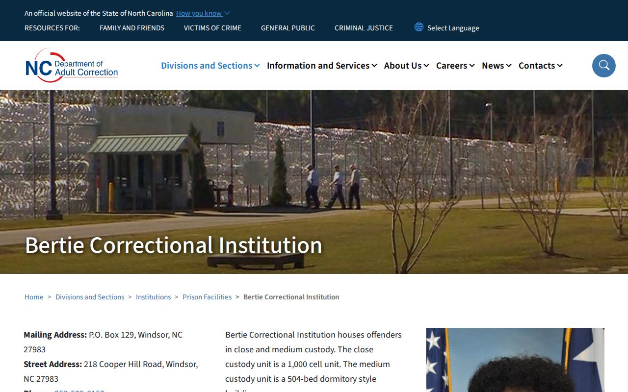 Official NCDAC page for Bertie Correctional Institution in Windsor