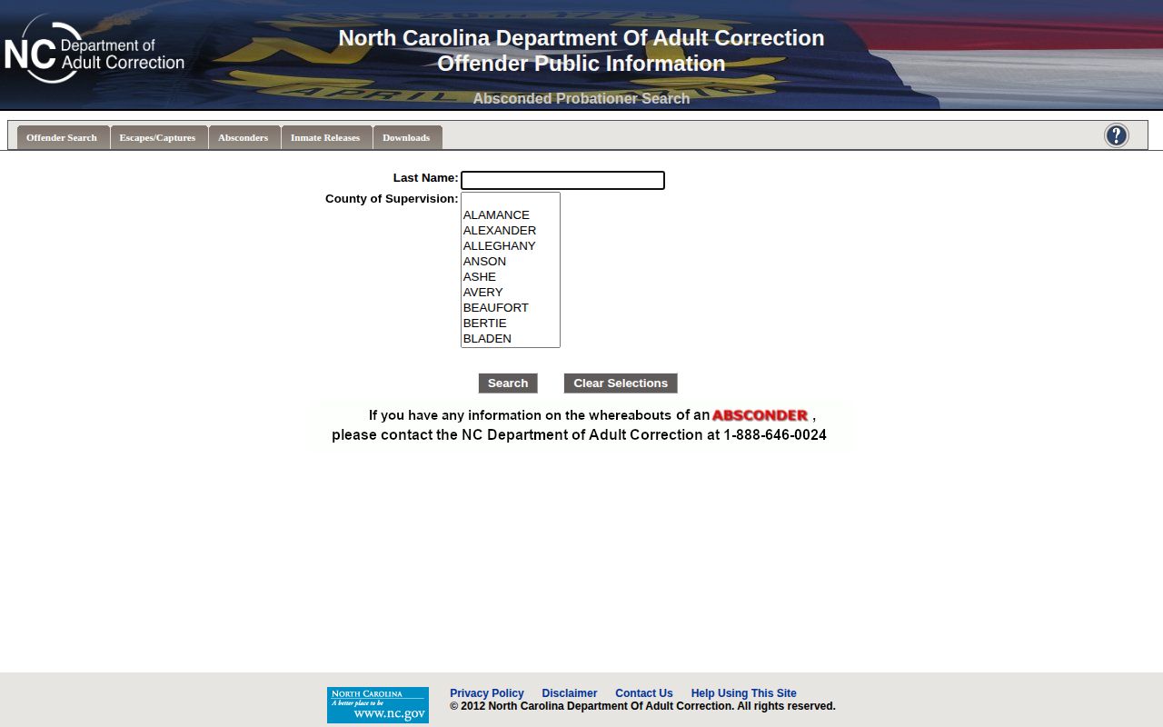 North Carolina NCDAC absconder lookup used for Bertie County supervision checks