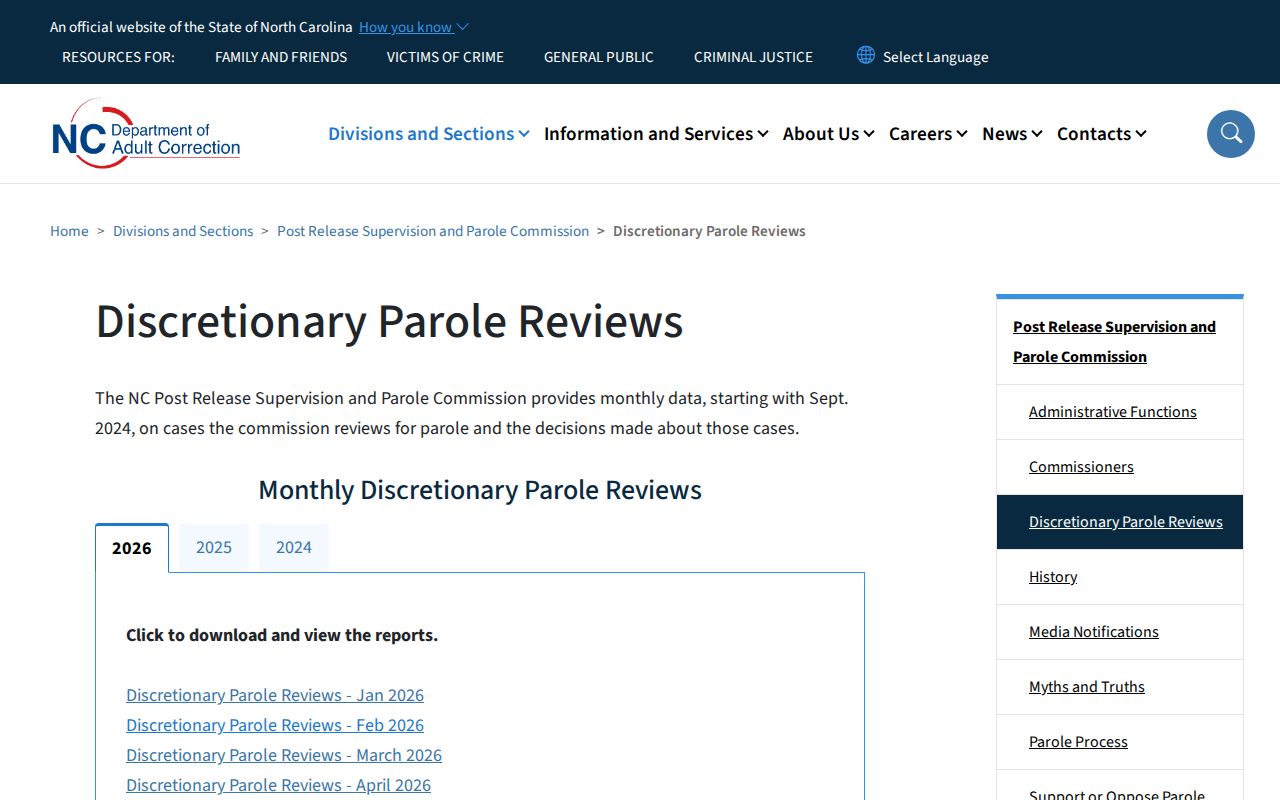North Carolina monthly discretionary parole review reports