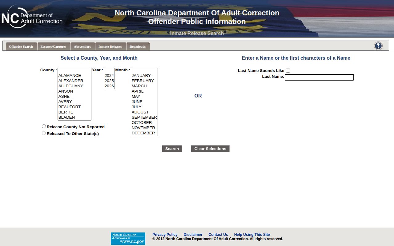 Bertie County state inmate release search records